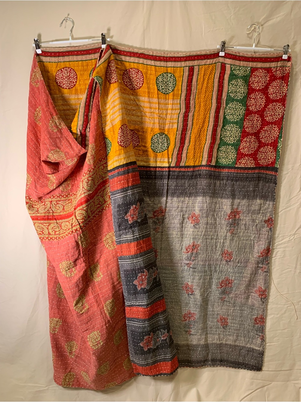 Handmade Kantha Quilt Twin Size Recycled Sari Cotton Mustard Red Green Grey